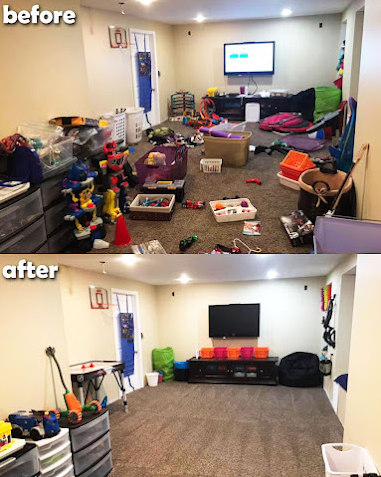 Playroom before and after cleaning and organizing