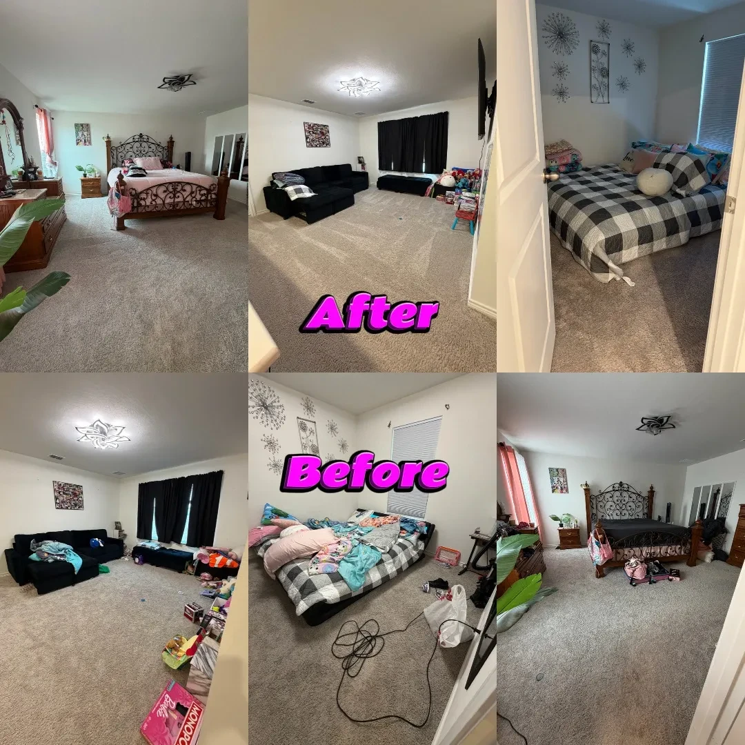 Bedrooms and living areas before and after cleaning