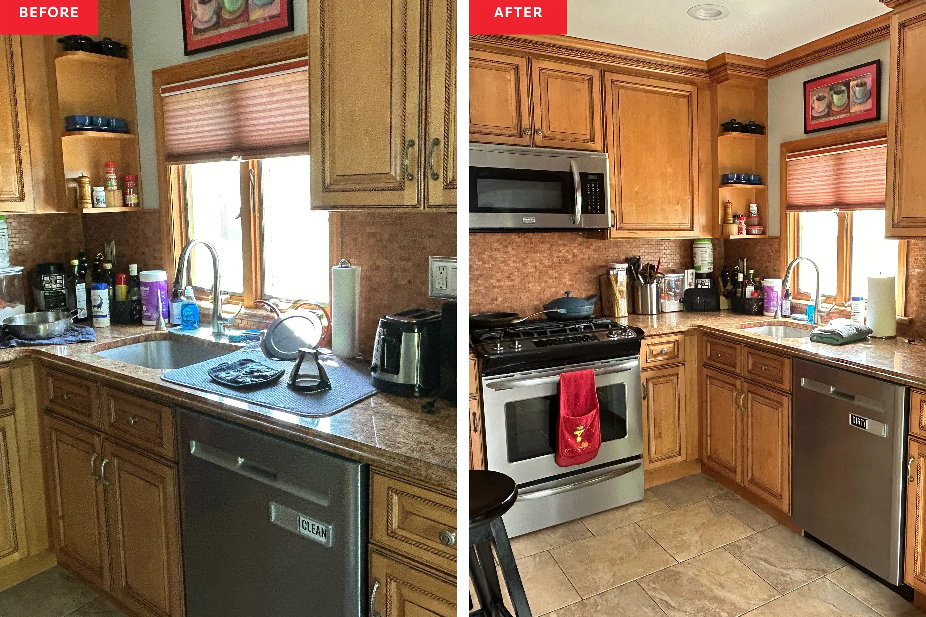 Kitchen counters before and after deep cleaning