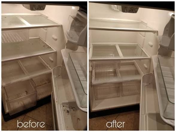 Refrigerator interior before and after cleaning