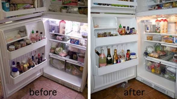 Refrigerator before and after cleaning and organizing
